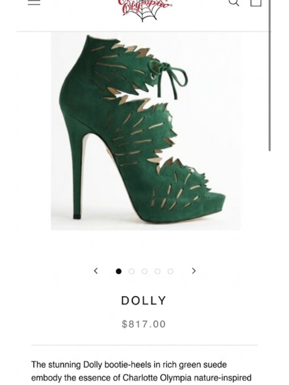 Charlotte Olympia Emerald Green Suede Leaf Cutout Lace-Up designer Heels